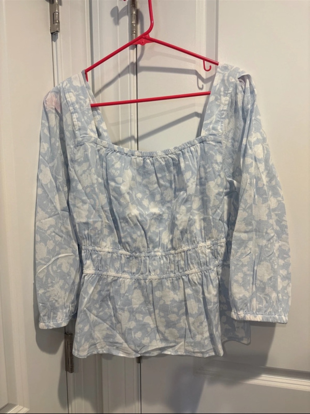 Women's Light Blue Floral Square-Neck Blouse